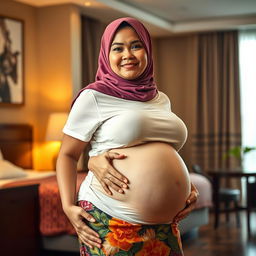 A stunning 56-year-old Indonesian woman in a hotel environment, emphasizing her twin pregnancy with a prominent, huge belly