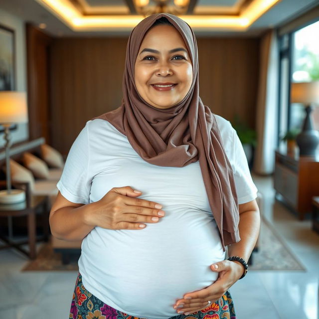 A stunning 56-year-old Indonesian woman in a hotel environment, emphasizing her twin pregnancy with a prominent, huge belly