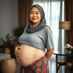 A stunning 56-year-old Indonesian woman in a hotel environment, emphasizing her twin pregnancy with a prominent, huge belly