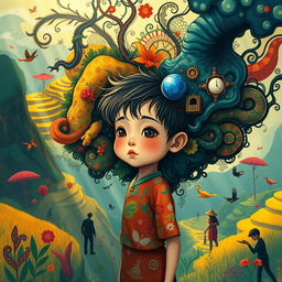 A reflective and imaginative illustration of an Indonesian child symbolically trapped within their own mind, depicted in an intricate and surreal landscape that represents their emotional turmoil