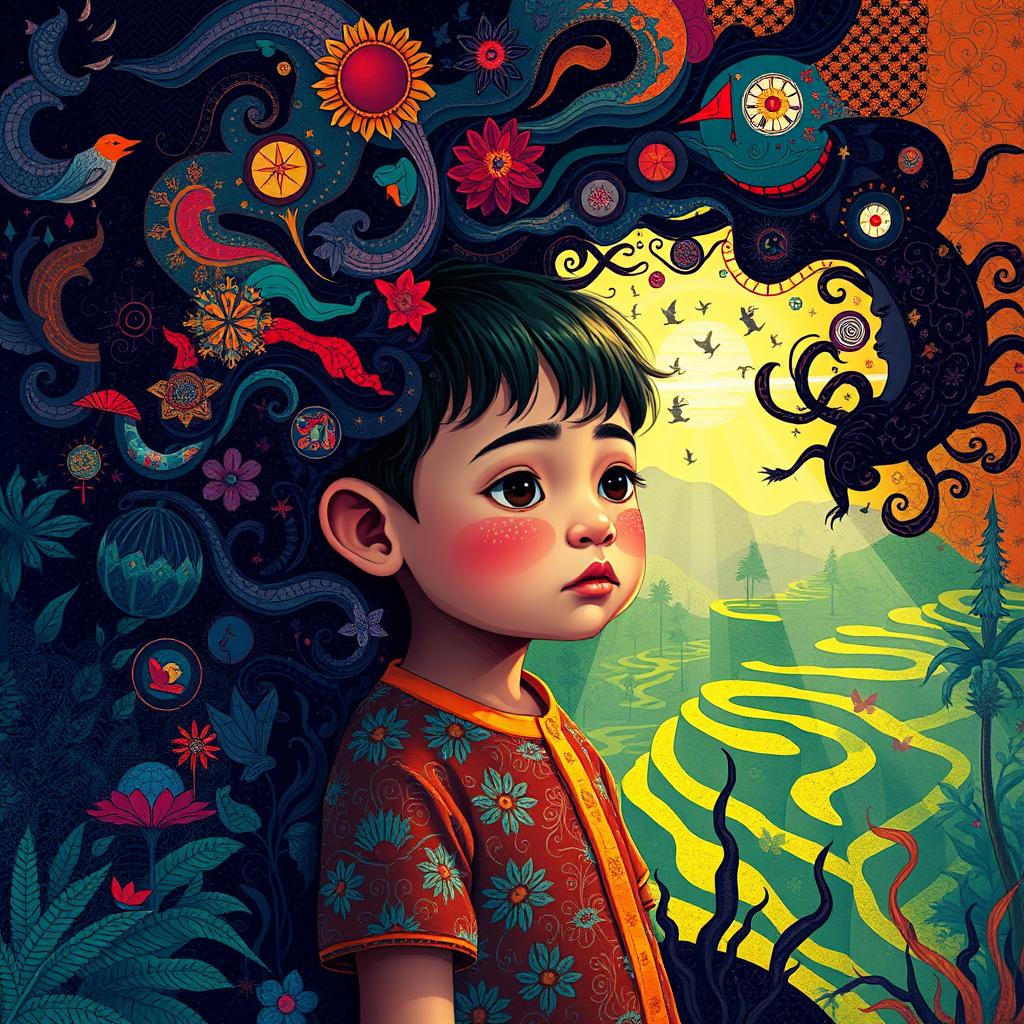 A reflective and imaginative illustration of an Indonesian child symbolically trapped within their own mind, depicted in an intricate and surreal landscape that represents their emotional turmoil