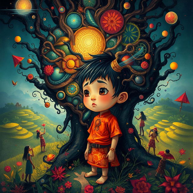 A reflective and imaginative illustration of an Indonesian child symbolically trapped within their own mind, depicted in an intricate and surreal landscape that represents their emotional turmoil