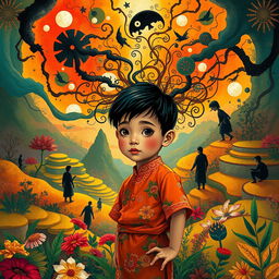 A reflective and imaginative illustration of an Indonesian child symbolically trapped within their own mind, depicted in an intricate and surreal landscape that represents their emotional turmoil