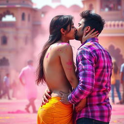 A vibrant and sensual scene set at a colorful Rajasthani fort during the festival of Holi, featuring the enchanting actress Nushrat Bharucha depicted as a college girl