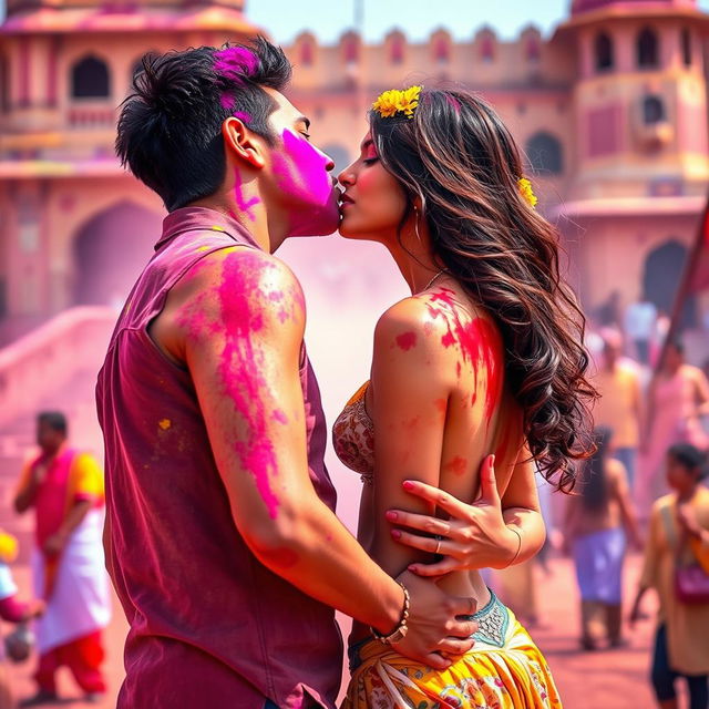 A vibrant and sensual scene set at a colorful Rajasthani fort during the festival of Holi, featuring the enchanting actress Nushrat Bharucha depicted as a college girl