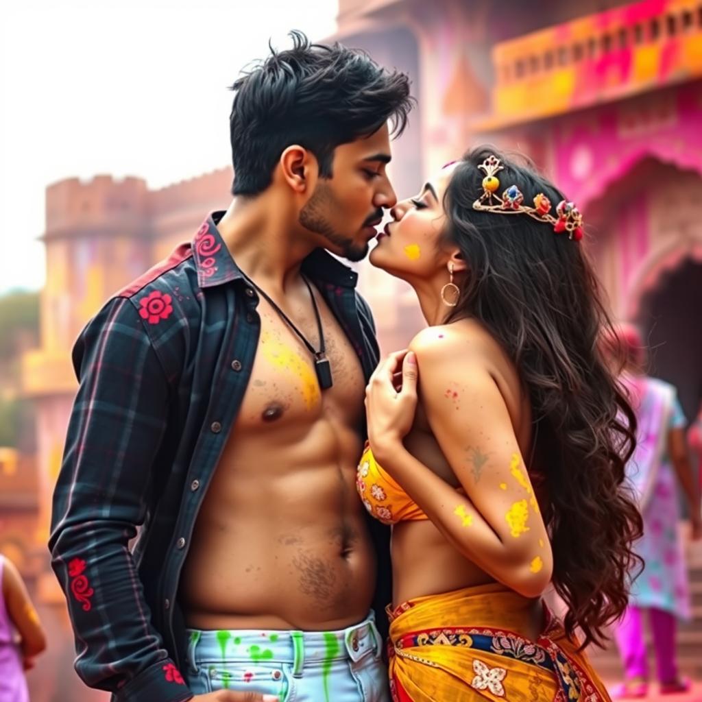 A vibrant and sensual scene set at a colorful Rajasthani fort during the festival of Holi, featuring the enchanting actress Nushrat Bharucha depicted as a college girl