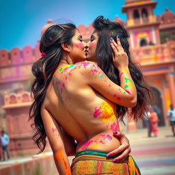 A vibrant and sensual scene set at a colorful Rajasthani fort during the festival of Holi, featuring the enchanting actress Nushrat Bharucha depicted as a college girl