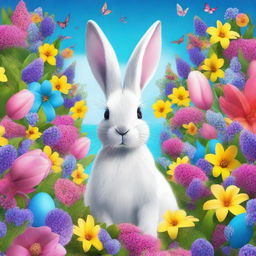 Fantasy image of an Easter Bunny surrounded by a vibrant sea of flowers