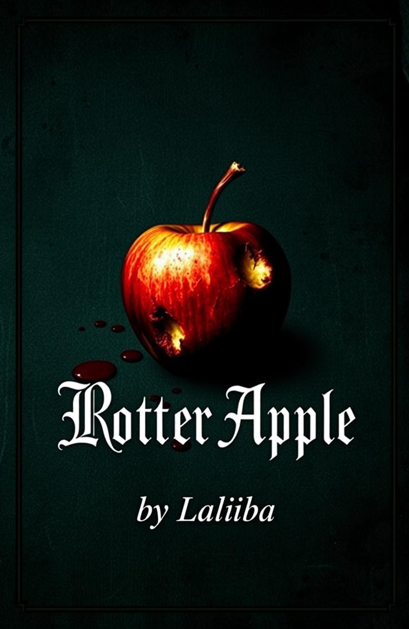 A dark academia themed book cover featuring a rotten apple with blood splatters