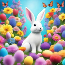 Fantasy image of an Easter Bunny surrounded by a vibrant sea of flowers