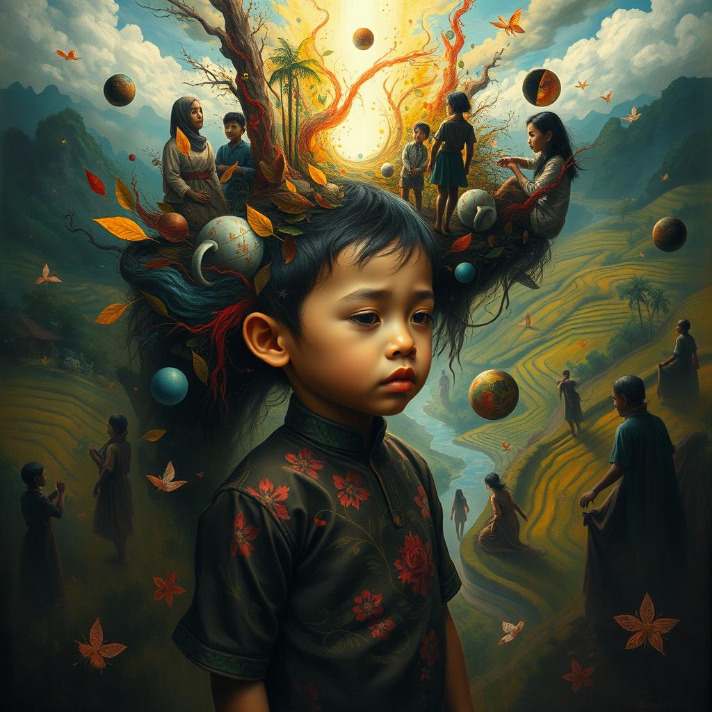 A poignant and imaginative artwork of an Indonesian child symbolically trapped within their own mind, portrayed in a vivid, surreal landscape that reflects their internal struggles