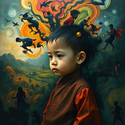 A poignant and imaginative artwork of an Indonesian child symbolically trapped within their own mind, portrayed in a vivid, surreal landscape that reflects their internal struggles
