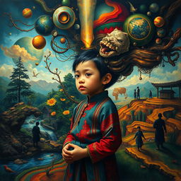 A poignant and imaginative artwork of an Indonesian child symbolically trapped within their own mind, portrayed in a vivid, surreal landscape that reflects their internal struggles
