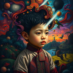 A poignant and imaginative artwork of an Indonesian child symbolically trapped within their own mind, portrayed in a vivid, surreal landscape that reflects their internal struggles