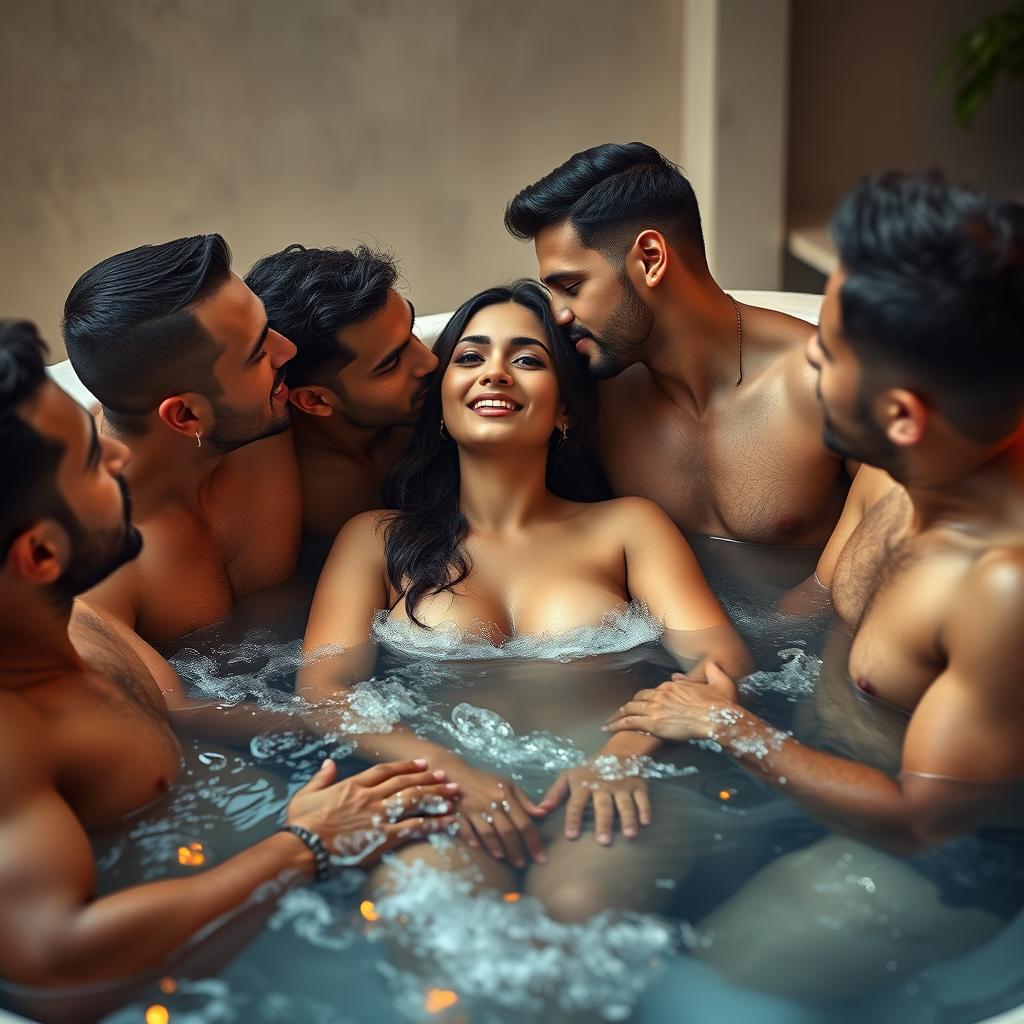 An intimate and vibrant scene set in a luxurious jacuzzi, featuring a cute 18-year-old girl inspired by Indian actress Ileana, completely naked and confidently embracing her beauty