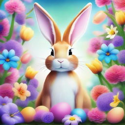 Fantasy image of an Easter Bunny surrounded by a vibrant sea of flowers