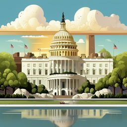 Illustrate a friendly, cartoon version of the capital city Washington D.C., highlighting recognizable landmarks like the White House and the Washington Monument.