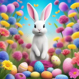 Fantasy image of an Easter Bunny surrounded by a vibrant sea of flowers