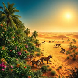 A vibrant and lush jungle seamlessly merging into a vast desert landscape, featuring striking contrasts of dense greenery amidst golden sands