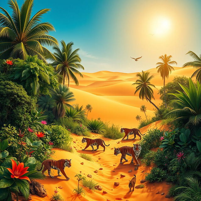 A vibrant and lush jungle seamlessly merging into a vast desert landscape, featuring striking contrasts of dense greenery amidst golden sands