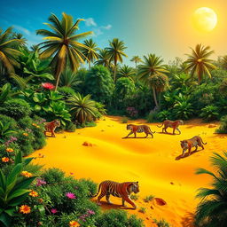 A vibrant and lush jungle seamlessly merging into a vast desert landscape, featuring striking contrasts of dense greenery amidst golden sands