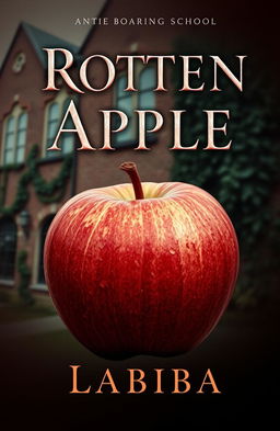 A captivating book cover for a boarding school theme featuring a large, rotten apple in sharp focus at the center of the image