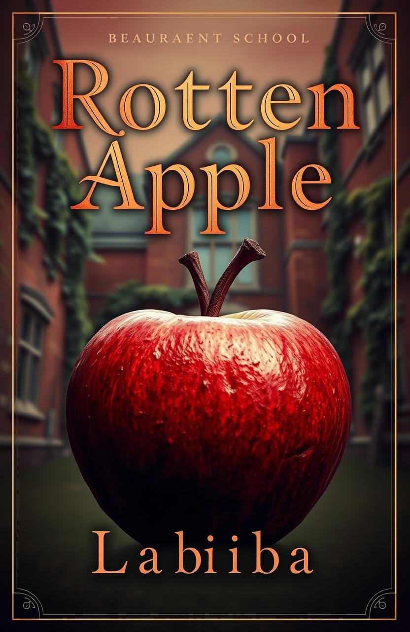 A captivating book cover for a boarding school theme featuring a large, rotten apple in sharp focus at the center of the image