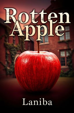A captivating book cover for a boarding school theme featuring a large, rotten apple in sharp focus at the center of the image