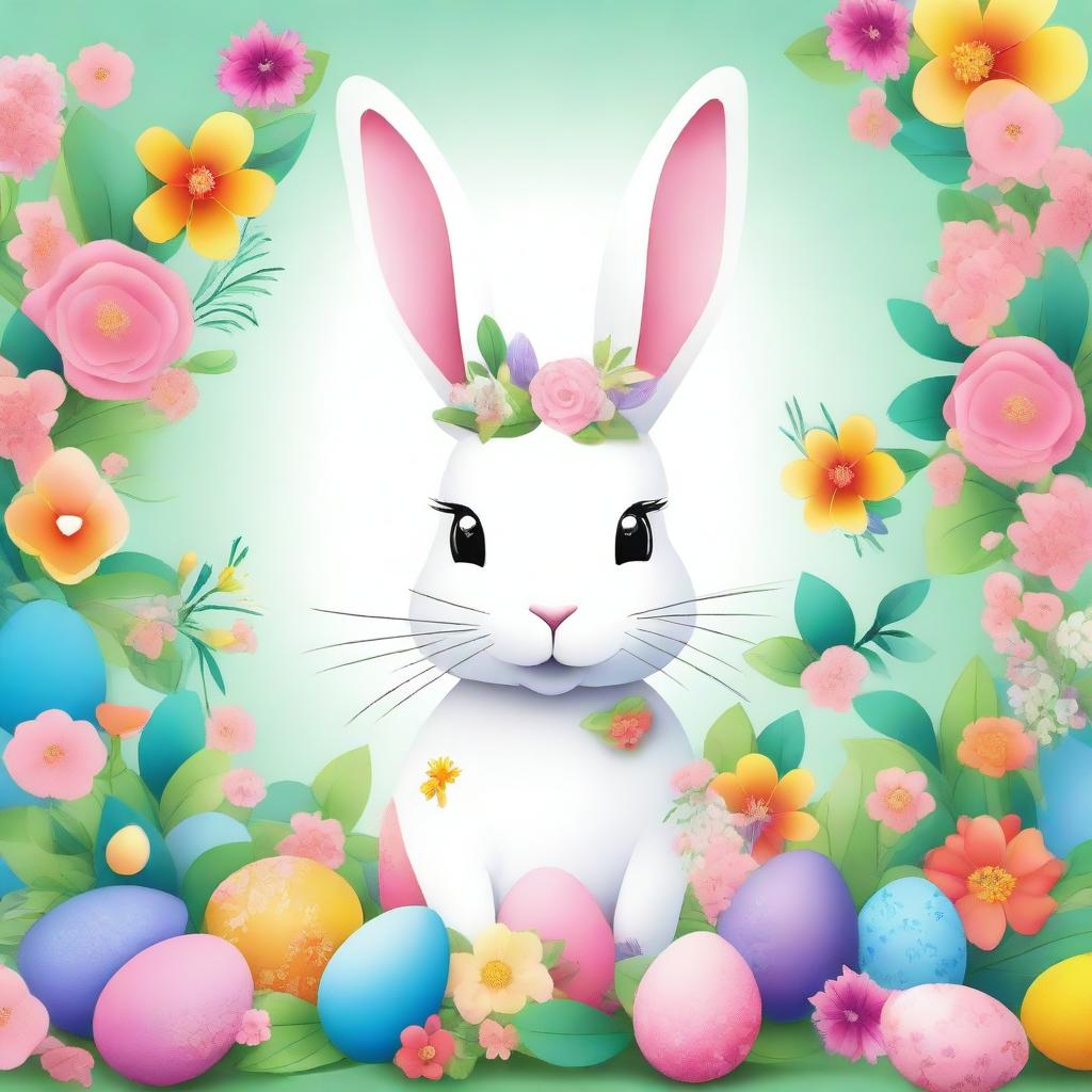 Vibrant and fantasy-filled image of an Easter Bunny, adorned with a floral aesthetic