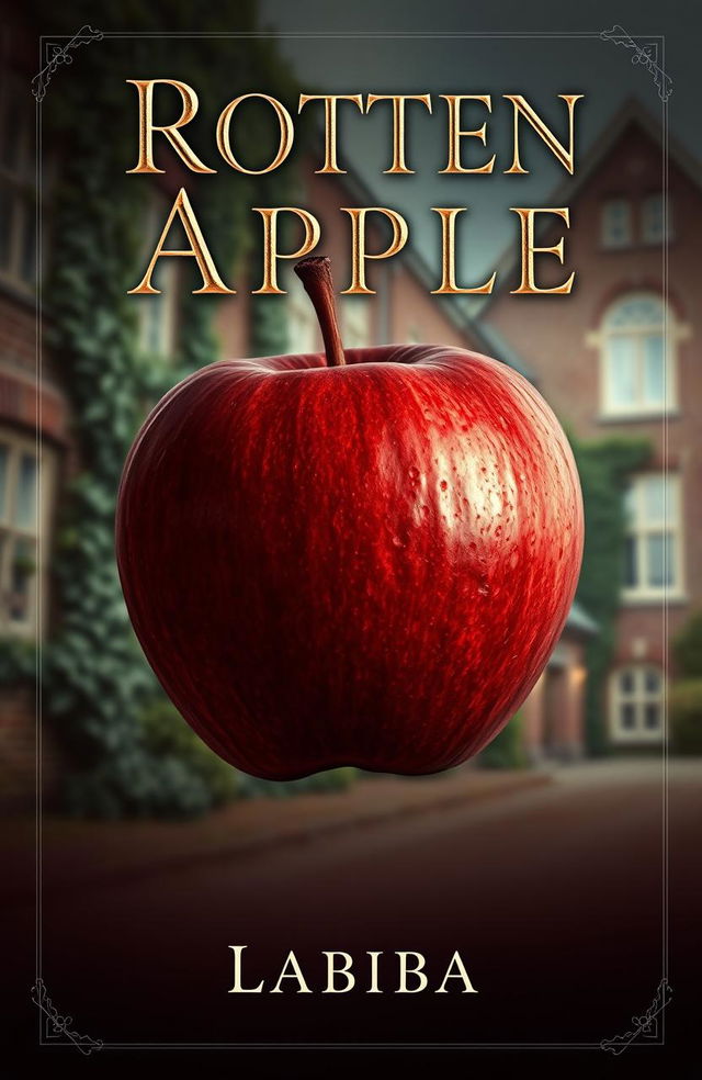 A captivating book cover for a boarding school theme featuring a large, rotten apple in sharp focus at the center of the image