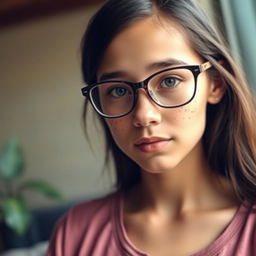 An adult girl with freckles adorning her face, wearing a stylish T-shirt that doesn't accentuate her bust, complemented by a pair of fashionable glasses