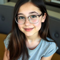 An adult girl with freckles adorning her face, wearing a stylish T-shirt that doesn't accentuate her bust, complemented by a pair of fashionable glasses