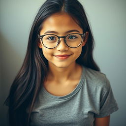 An adult girl with freckles adorning her face, wearing a stylish T-shirt that doesn't accentuate her bust, complemented by a pair of fashionable glasses
