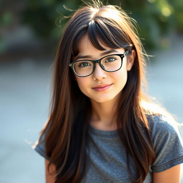 An adult girl with freckles adorning her face, wearing a stylish T-shirt that doesn't accentuate her bust, complemented by a pair of fashionable glasses