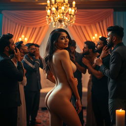 A sultry scene set in an elegantly decorated wedding room, featuring a cute 18-year-old girl inspired by Indian actress Ileana
