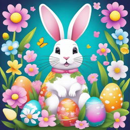 Vibrant and fantasy-filled image of an Easter Bunny, adorned with a floral aesthetic