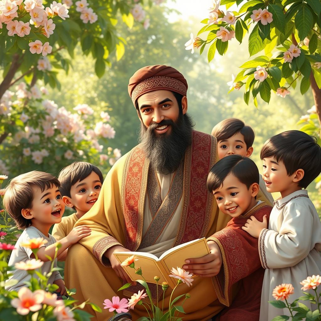 A serene and warm scene depicting Imam Ali, the important figure in Islamic history, surrounded by a group of children in a lush garden