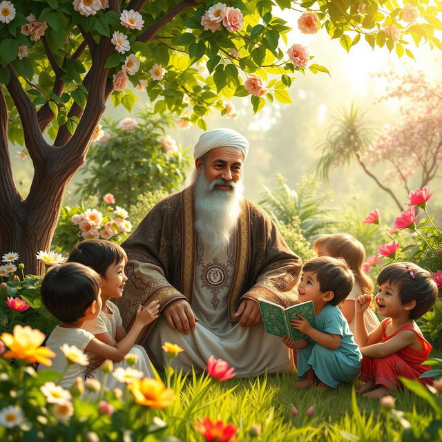 A serene and warm scene depicting Imam Ali, the important figure in Islamic history, surrounded by a group of children in a lush garden