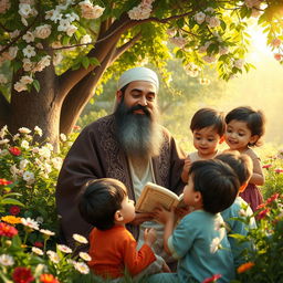 A serene and warm scene depicting Imam Ali, the important figure in Islamic history, surrounded by a group of children in a lush garden
