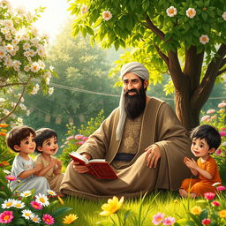 A serene and warm scene depicting Imam Ali, the important figure in Islamic history, surrounded by a group of children in a lush garden