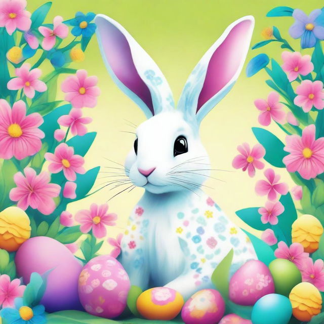 Vibrant and fantasy-filled image of an Easter Bunny, adorned with a floral aesthetic