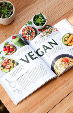 A colorful and vibrant vegan guide spread open on a wooden table, showcasing a variety of plant-based recipes with fresh vegetables, fruits, grains, and nuts