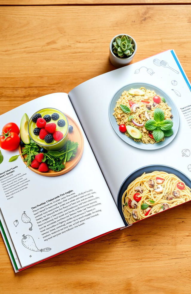 A colorful and vibrant vegan guide spread open on a wooden table, showcasing a variety of plant-based recipes with fresh vegetables, fruits, grains, and nuts