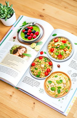 A colorful and vibrant vegan guide spread open on a wooden table, showcasing a variety of plant-based recipes with fresh vegetables, fruits, grains, and nuts