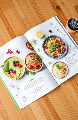 A colorful and vibrant vegan guide spread open on a wooden table, showcasing a variety of plant-based recipes with fresh vegetables, fruits, grains, and nuts