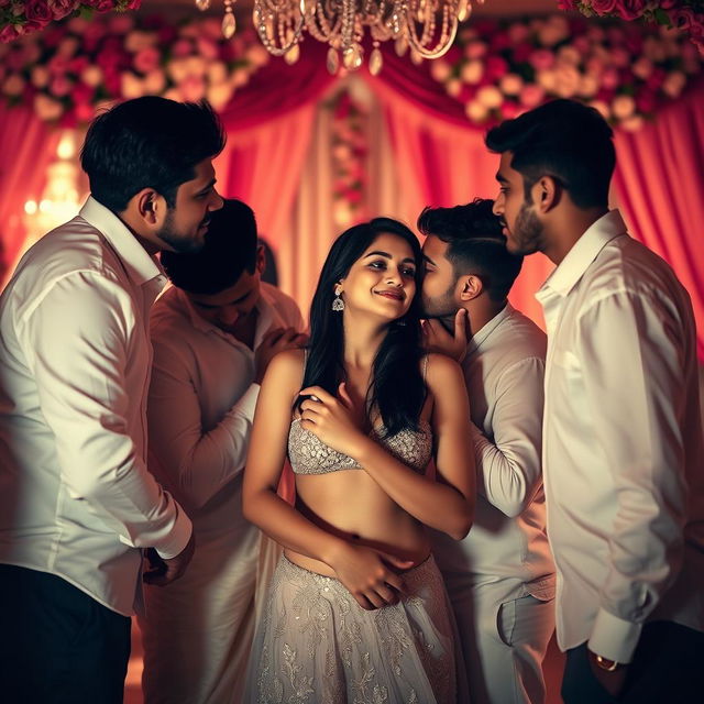 A romantic and intimate scene set in a beautifully adorned wedding room, featuring a cute 18-year-old girl inspired by Indian actress Ileana