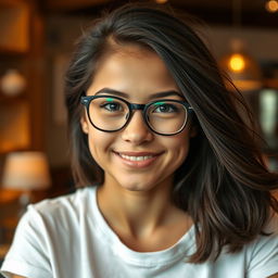 A 25-year-old adult girl with charming freckles on her face, wearing a casual T-shirt that fits comfortably and does not emphasize her bust