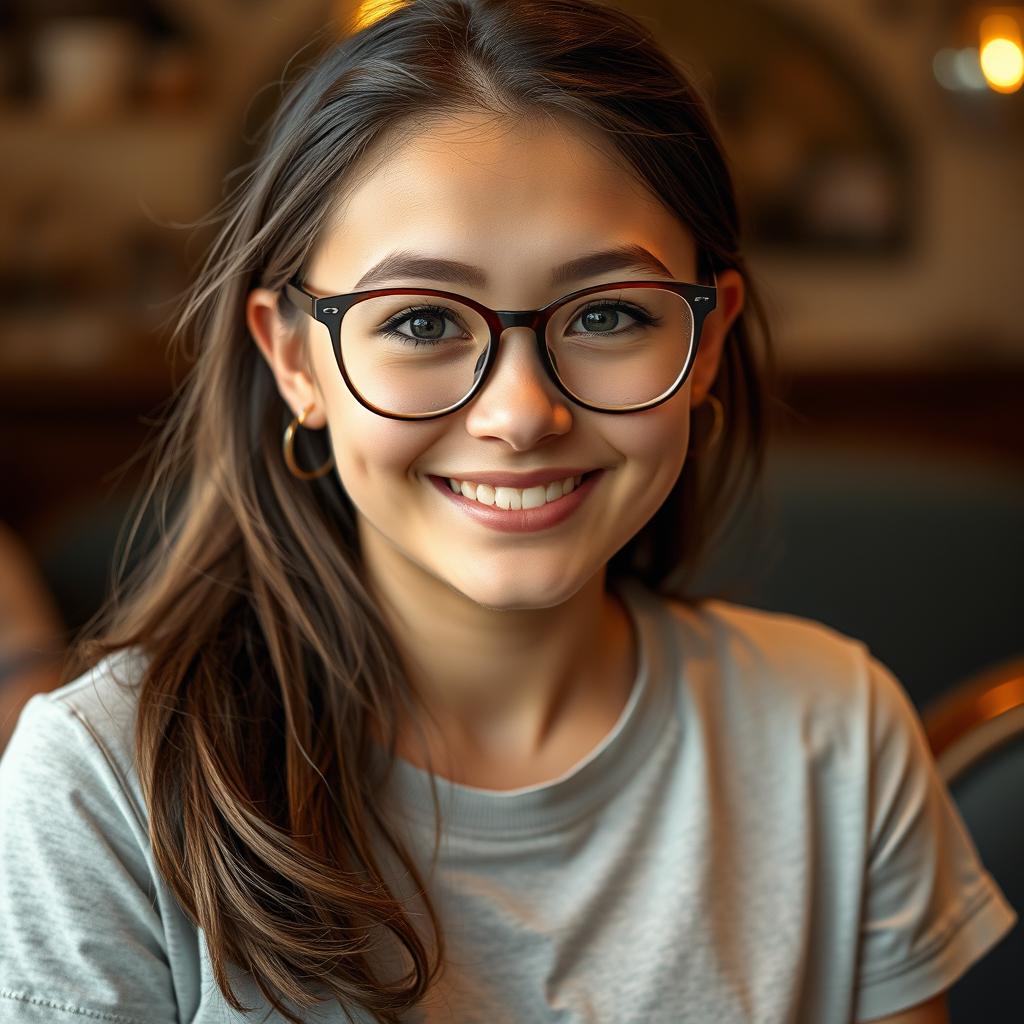 A 25-year-old adult girl with charming freckles on her face, wearing a casual T-shirt that fits comfortably and does not emphasize her bust