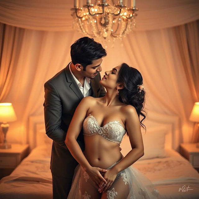 A romantic and intimate wedding scene in an elegantly decorated bedroom, featuring a cute 18-year-old girl inspired by Indian actress Ileana