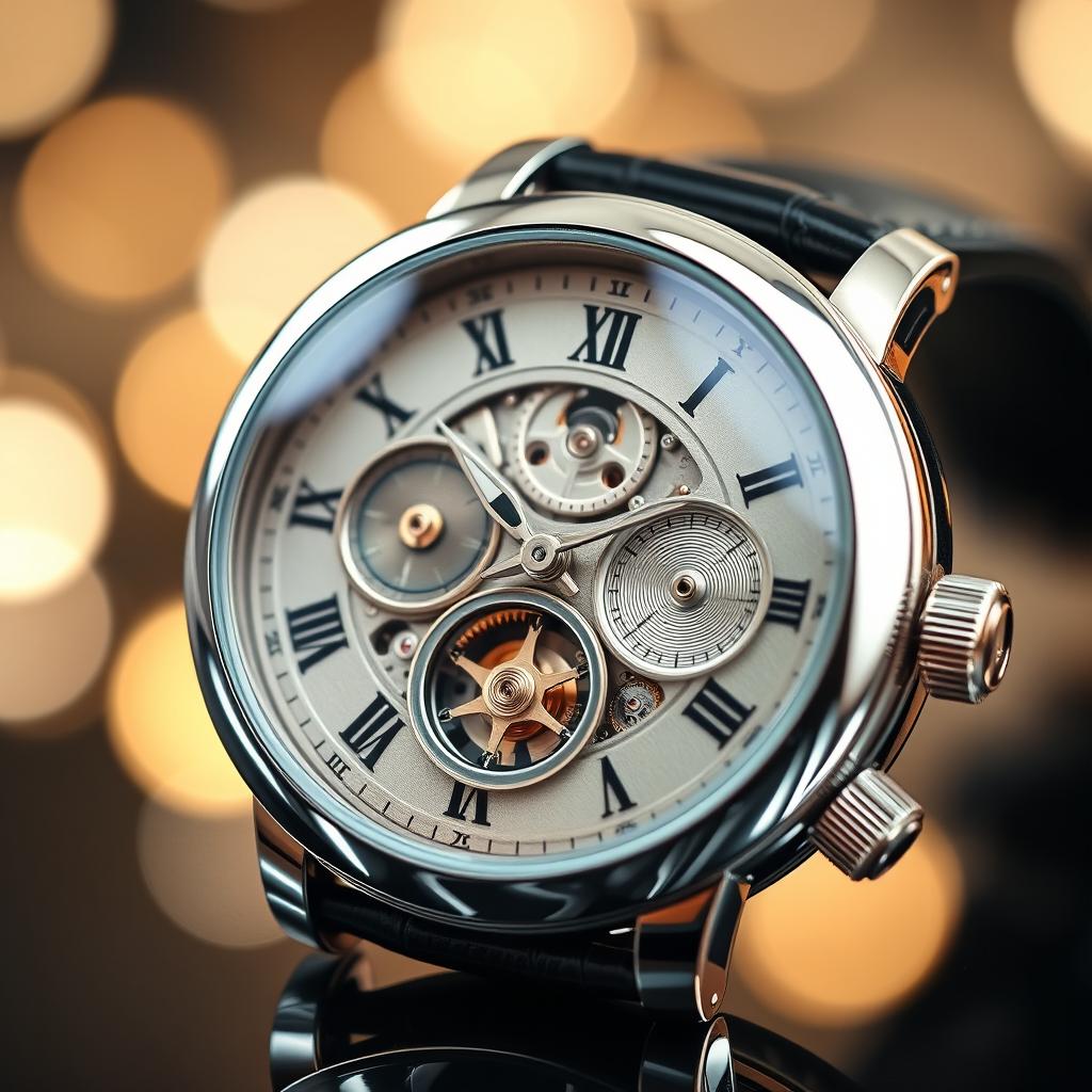 A stunning close-up of a luxury wristwatch, showcasing intricate details of the clockwork and the shine of the metallic casing